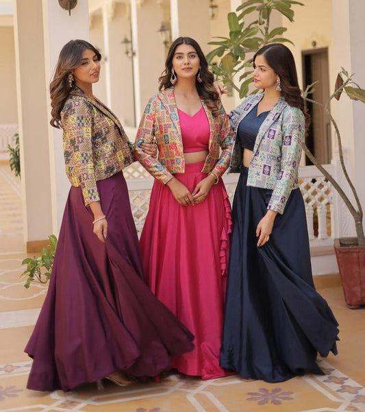 Stylish Chinon Fully Stitched Designer Lehenga Choli Koti Set - INDIAN ELEGANCE