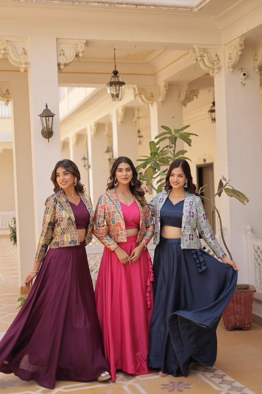 Stylish Chinon Fully Stitched Designer Lehenga Choli Koti Set - INDIAN ELEGANCE