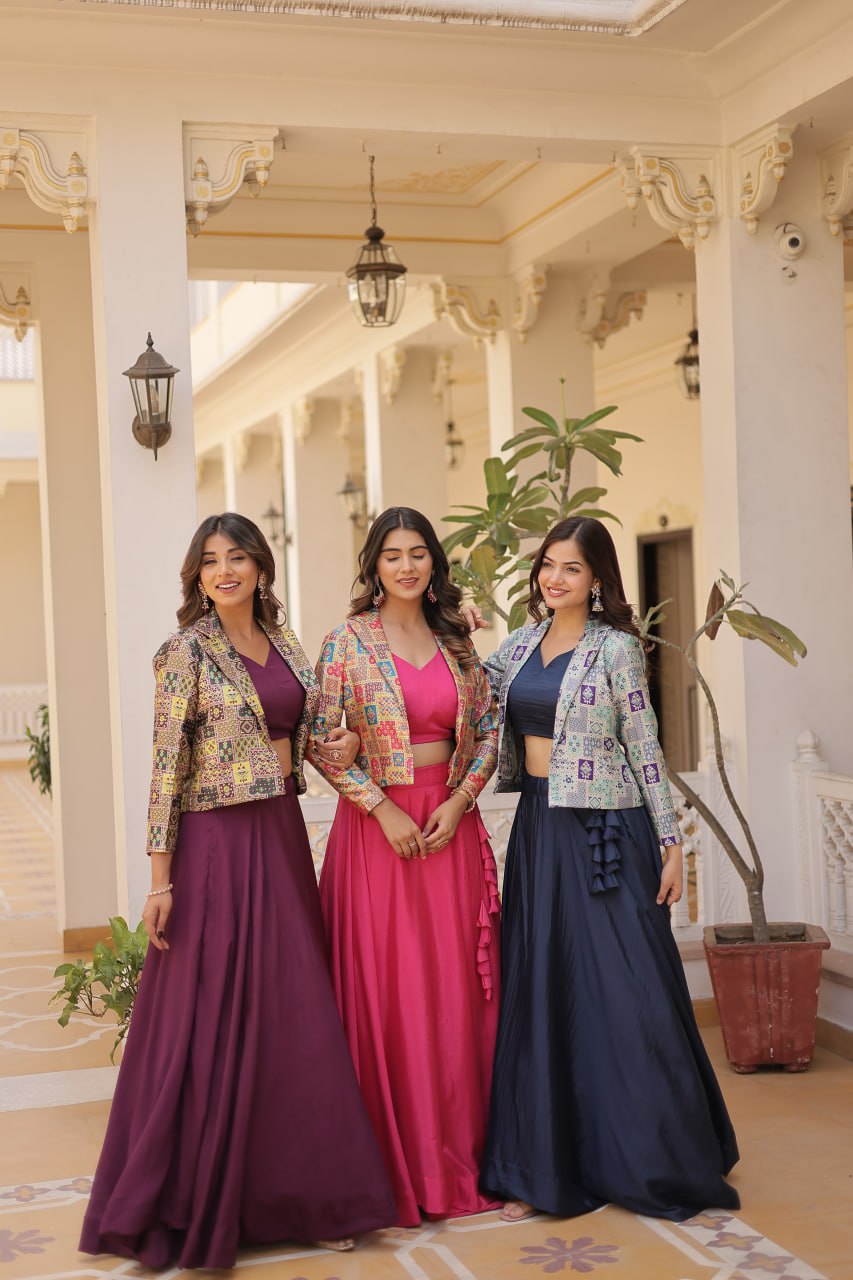 Stylish Chinon Fully Stitched Designer Lehenga Choli Koti Set - INDIAN ELEGANCE