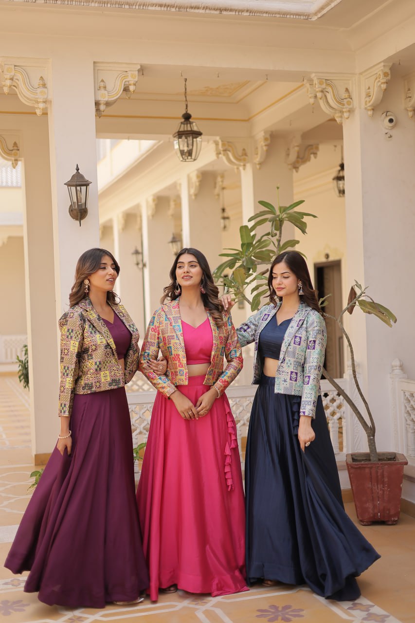 Stylish Chinon Fully Stitched Designer Lehenga Choli Koti Set - INDIAN ELEGANCE
