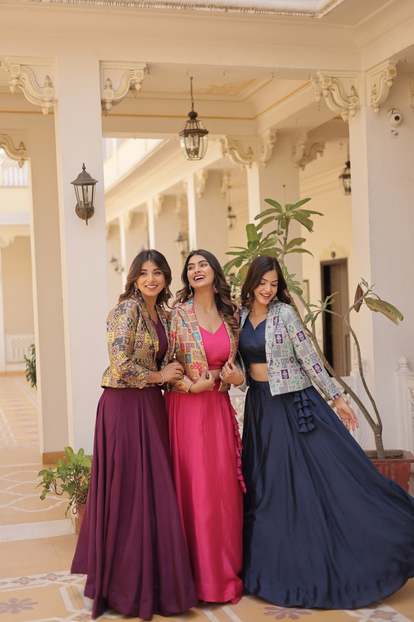 Stylish Chinon Fully Stitched Designer Lehenga Choli Koti Set - INDIAN ELEGANCE