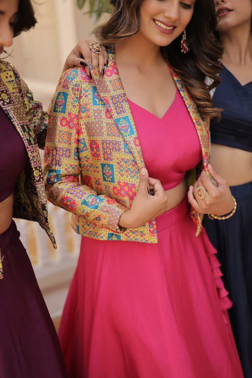 Stylish Chinon Fully Stitched Designer Lehenga Choli Koti Set - INDIAN ELEGANCE