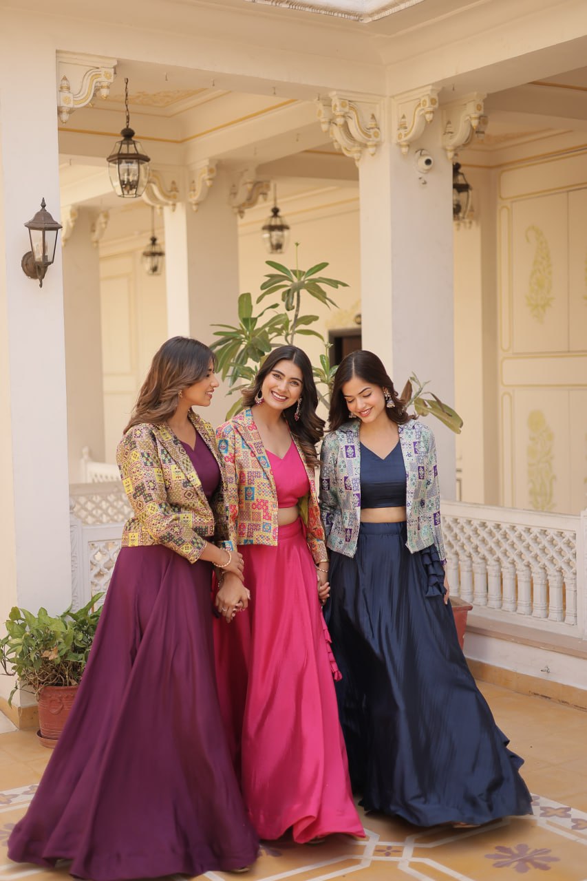 Stylish Chinon Fully Stitched Designer Lehenga Choli Koti Set - INDIAN ELEGANCE