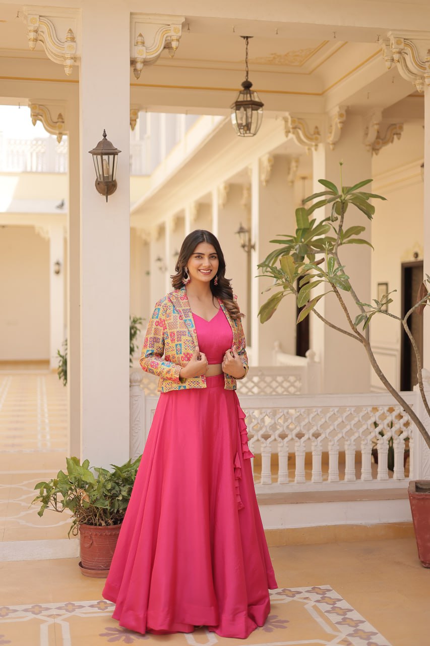Stylish Chinon Fully Stitched Designer Lehenga Choli Koti Set - INDIAN ELEGANCE