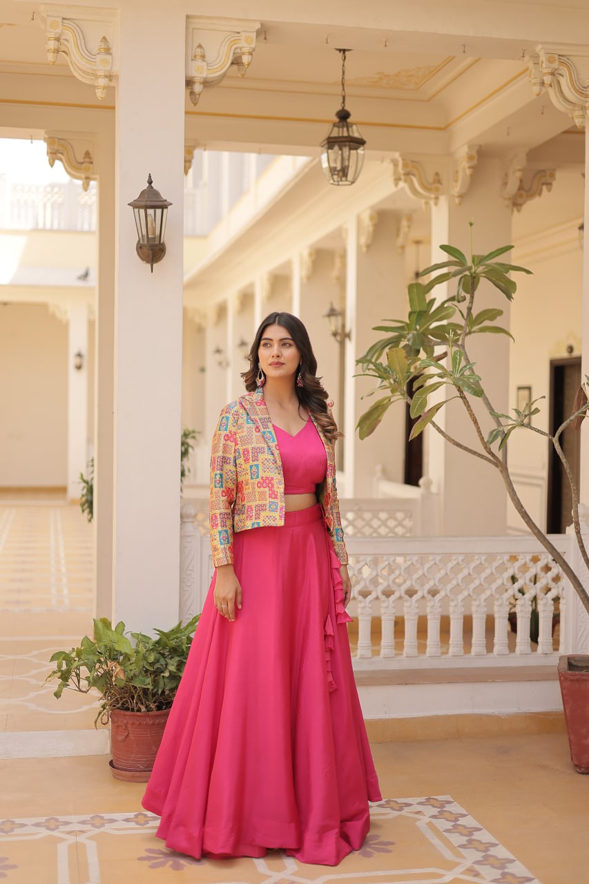 Stylish Chinon Fully Stitched Designer Lehenga Choli Koti Set - INDIAN ELEGANCE