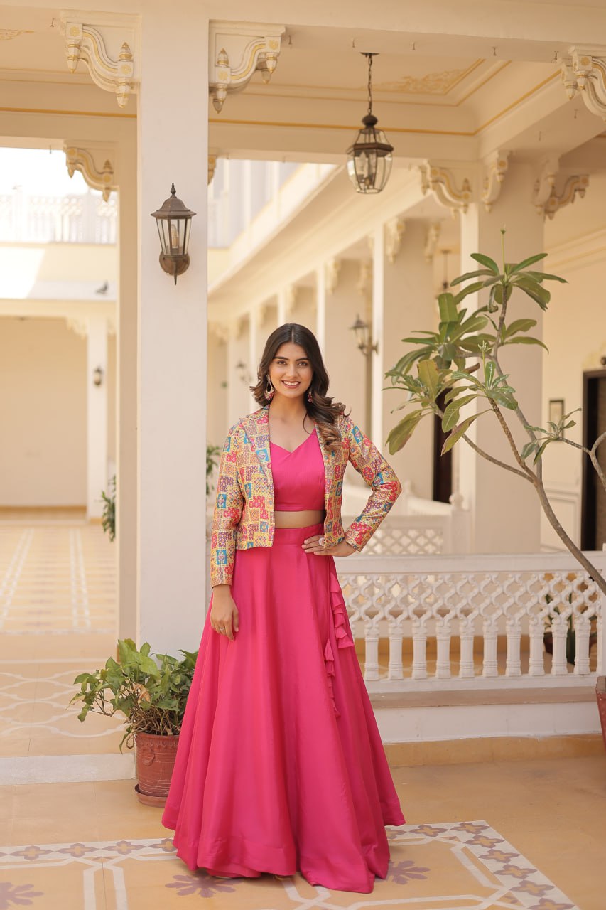 Stylish Chinon Fully Stitched Designer Lehenga Choli Koti Set - INDIAN ELEGANCE
