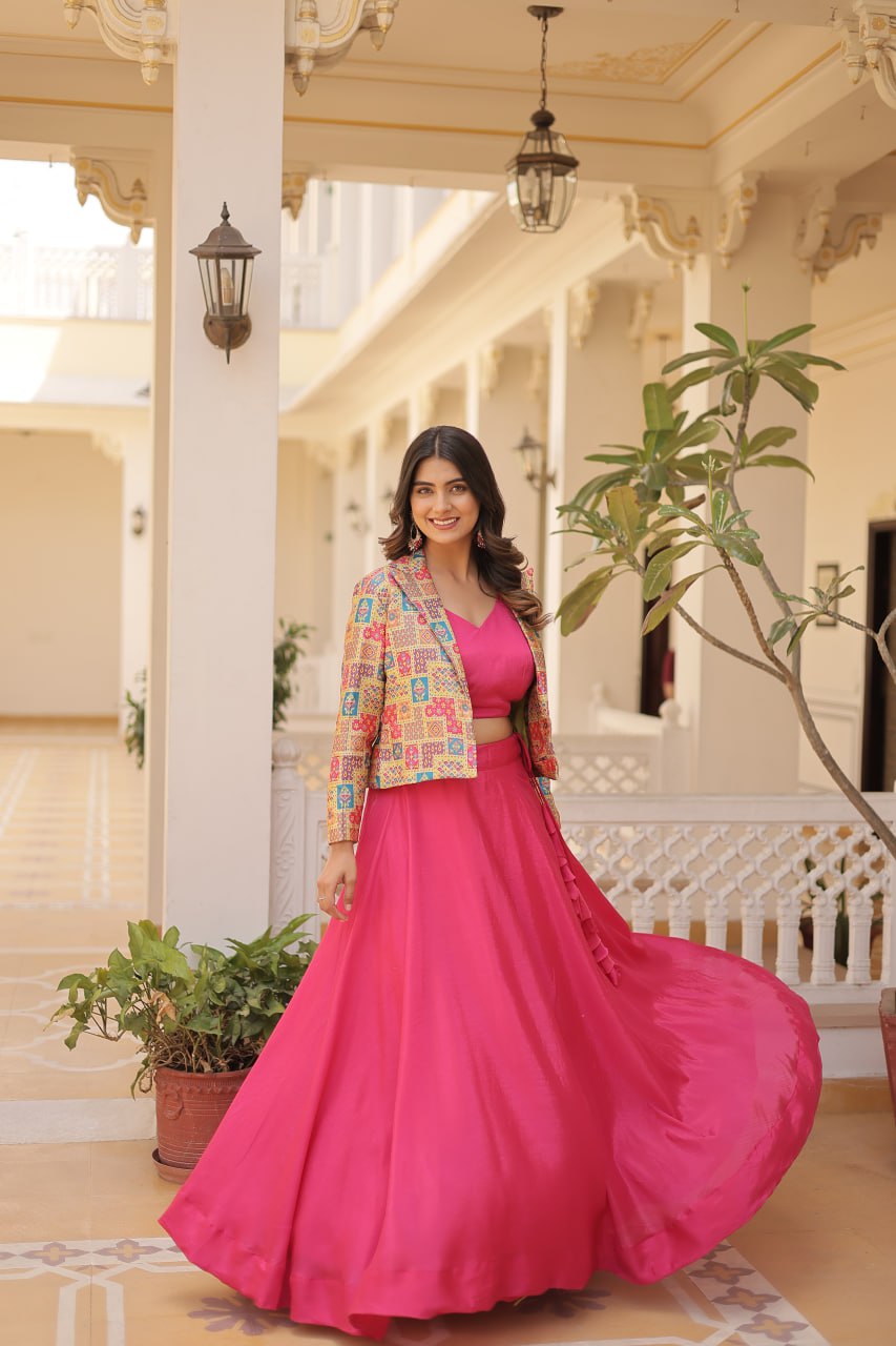Stylish Chinon Fully Stitched Designer Lehenga Choli Koti Set - INDIAN ELEGANCE