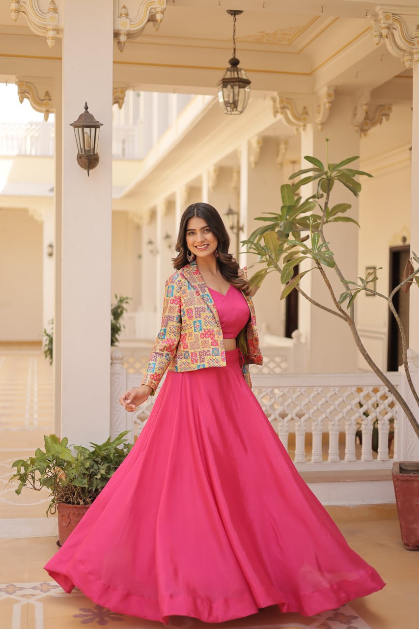 Stylish Chinon Fully Stitched Designer Lehenga Choli Koti Set - INDIAN ELEGANCE