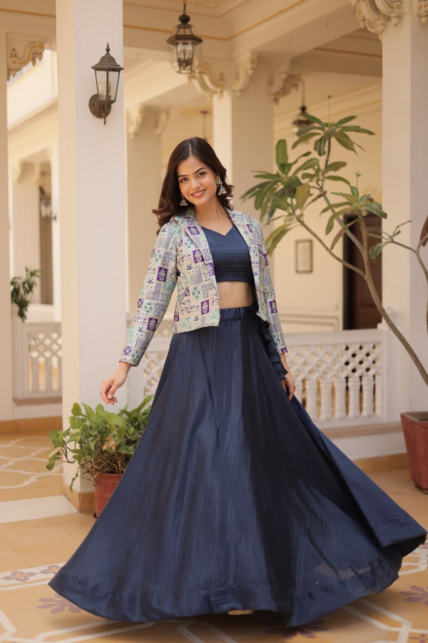 Stylish Chinon Fully Stitched Designer Lehenga Choli Koti Set - INDIAN ELEGANCE