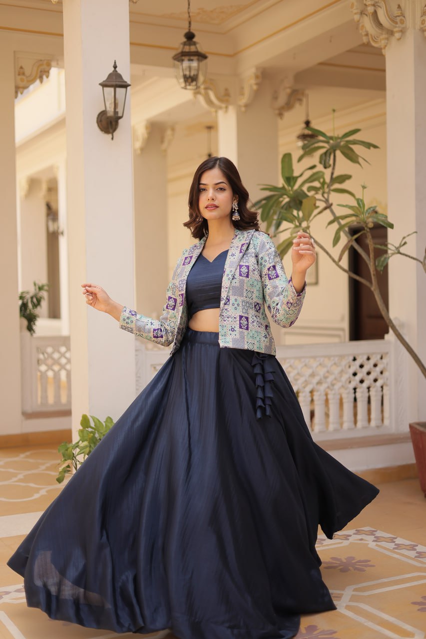 Stylish Chinon Fully Stitched Designer Lehenga Choli Koti Set - INDIAN ELEGANCE