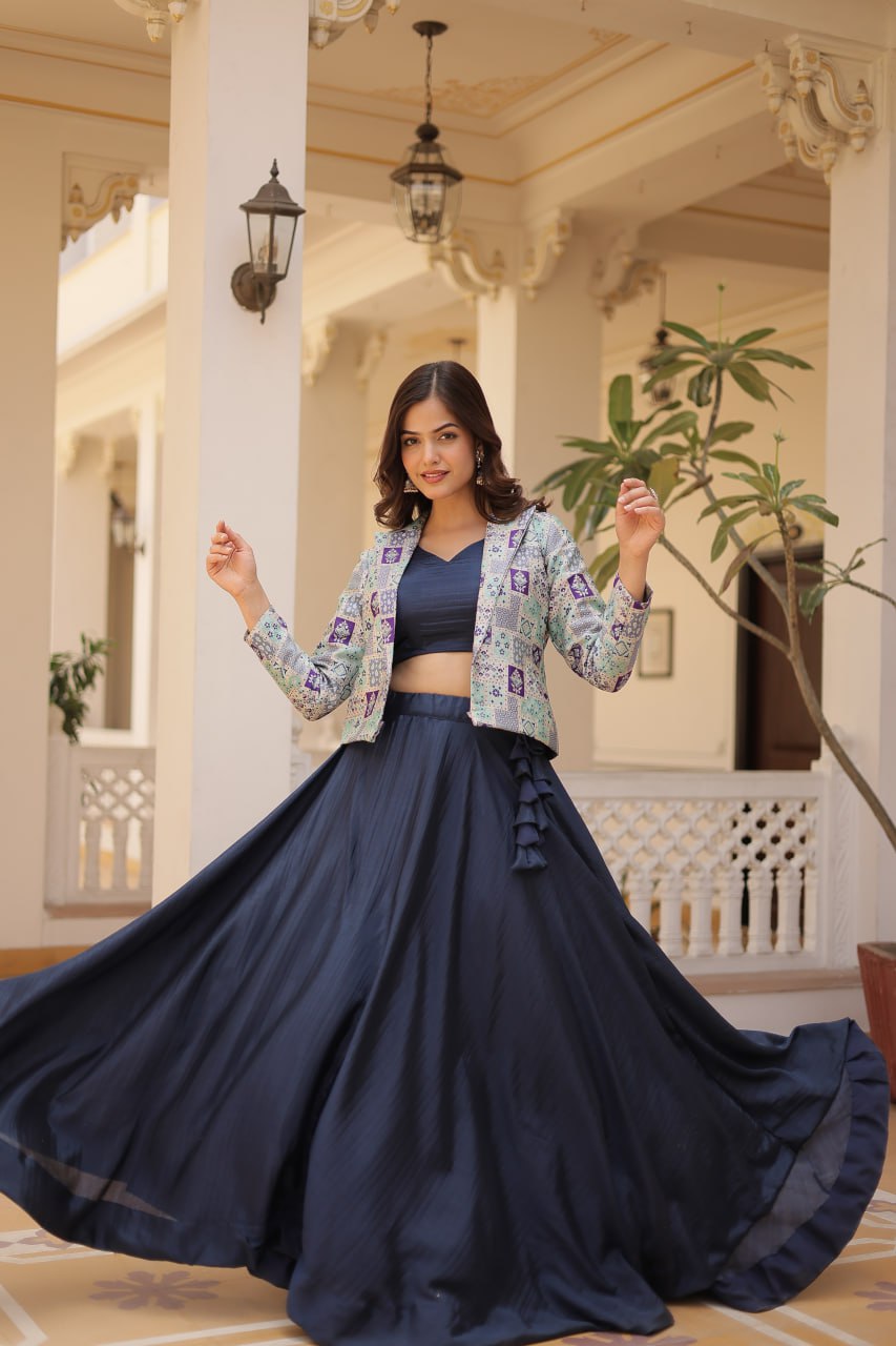 Stylish Chinon Fully Stitched Designer Lehenga Choli Koti Set - INDIAN ELEGANCE