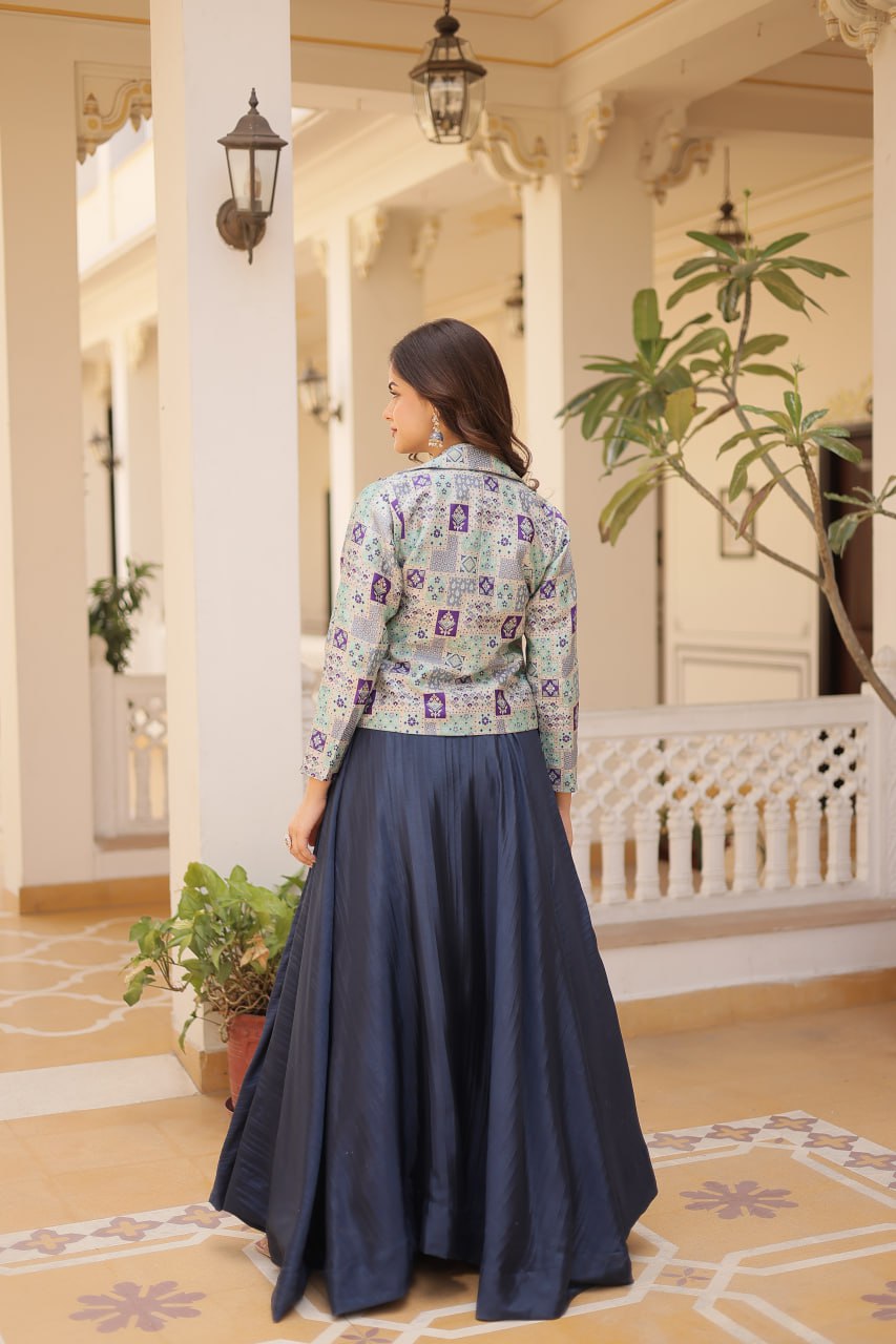 Stylish Chinon Fully Stitched Designer Lehenga Choli Koti Set - INDIAN ELEGANCE