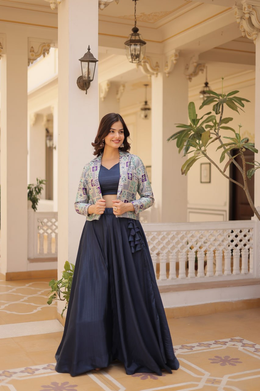 Stylish Chinon Fully Stitched Designer Lehenga Choli Koti Set - INDIAN ELEGANCE