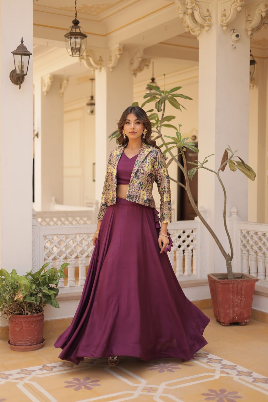 Stylish Chinon Fully Stitched Designer Lehenga Choli Koti Set - INDIAN ELEGANCE