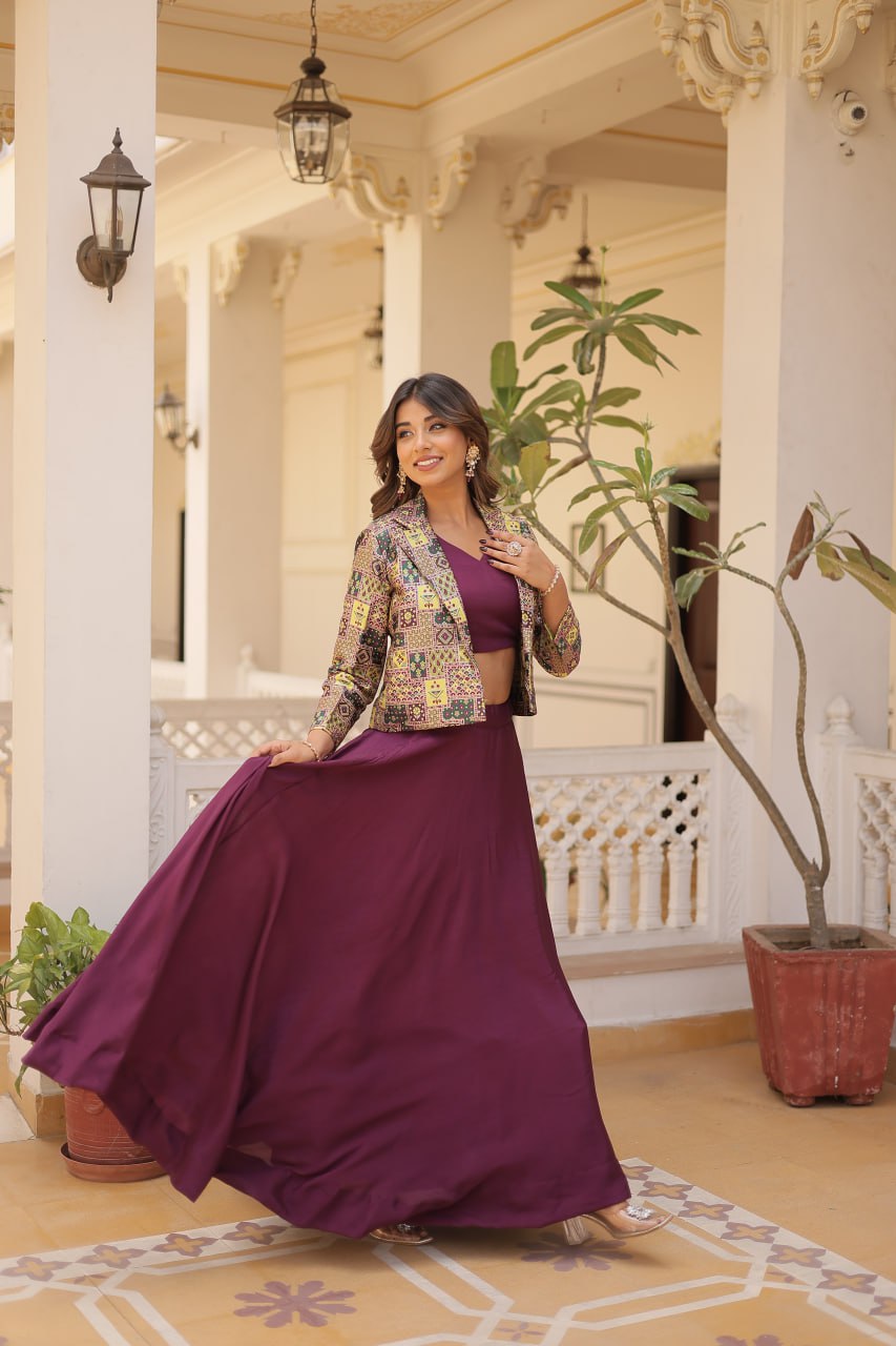 Stylish Chinon Fully Stitched Designer Lehenga Choli Koti Set - INDIAN ELEGANCE