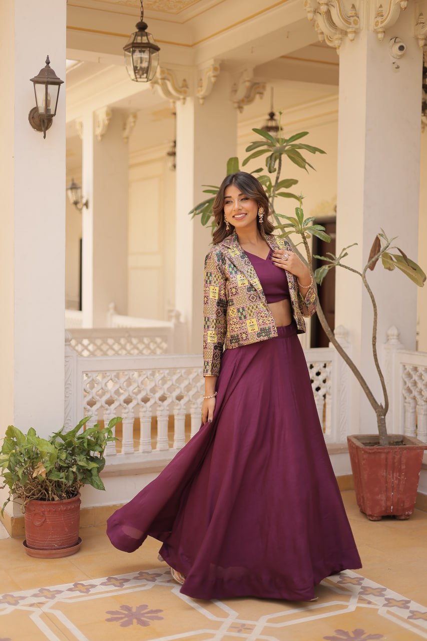 Stylish Chinon Fully Stitched Designer Lehenga Choli Koti Set - INDIAN ELEGANCE