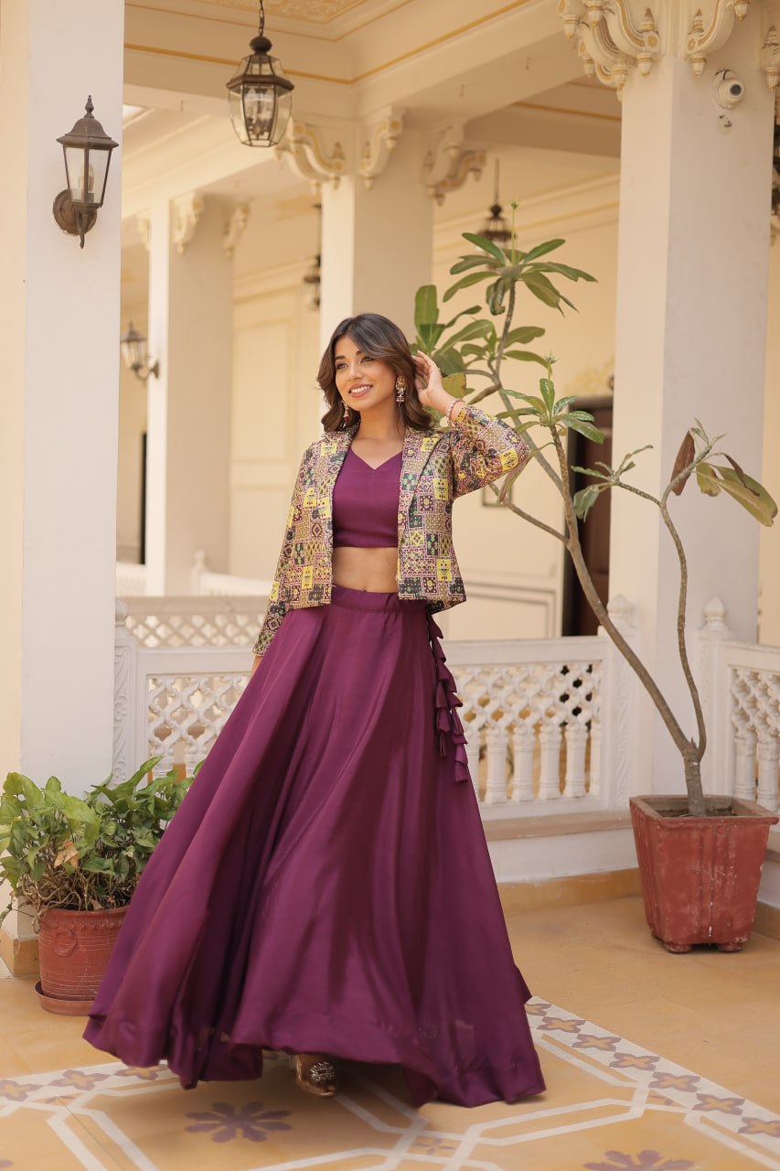 Stylish Chinon Fully Stitched Designer Lehenga Choli Koti Set - INDIAN ELEGANCE