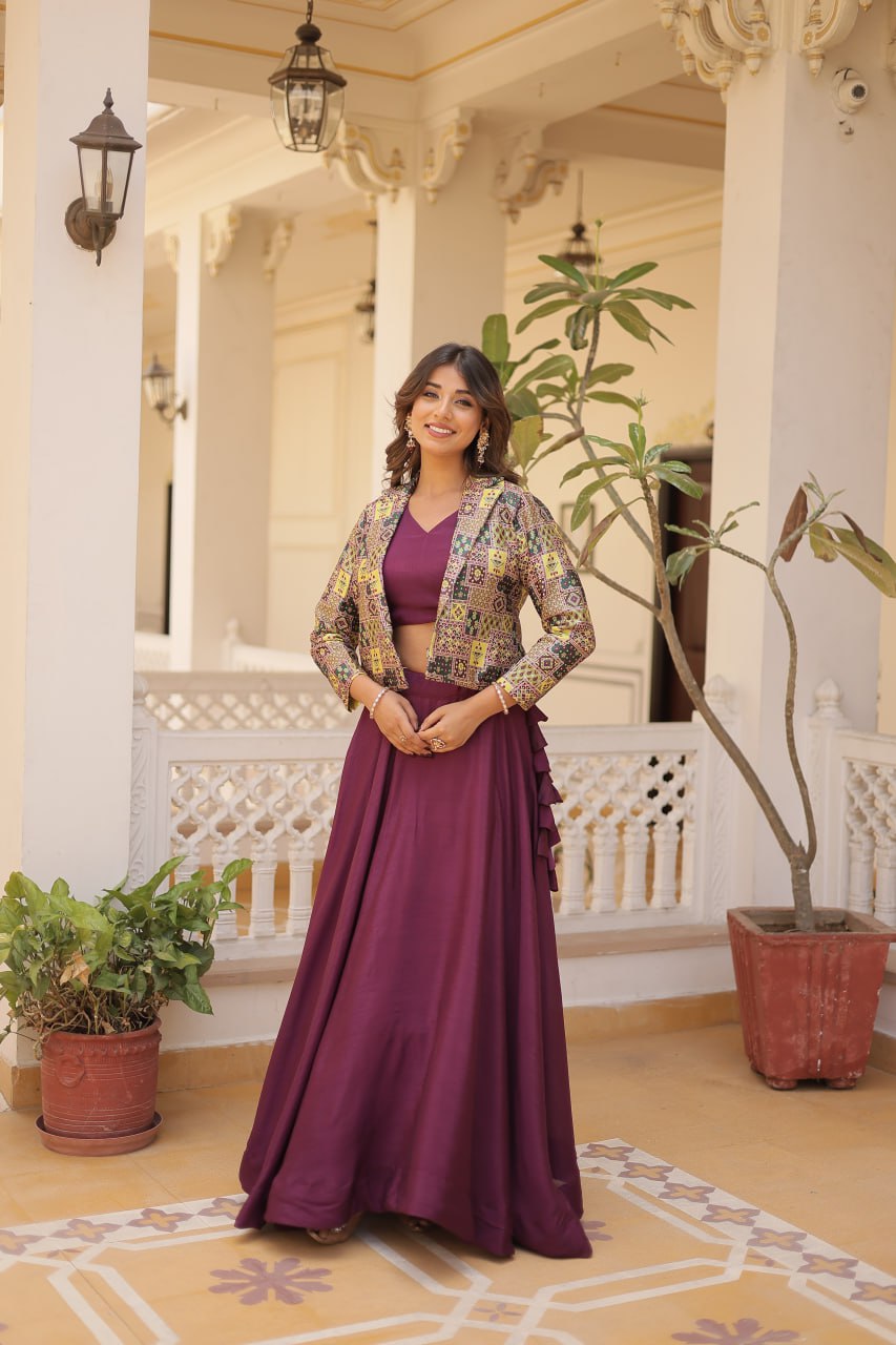 Stylish Chinon Fully Stitched Designer Lehenga Choli Koti Set - INDIAN ELEGANCE