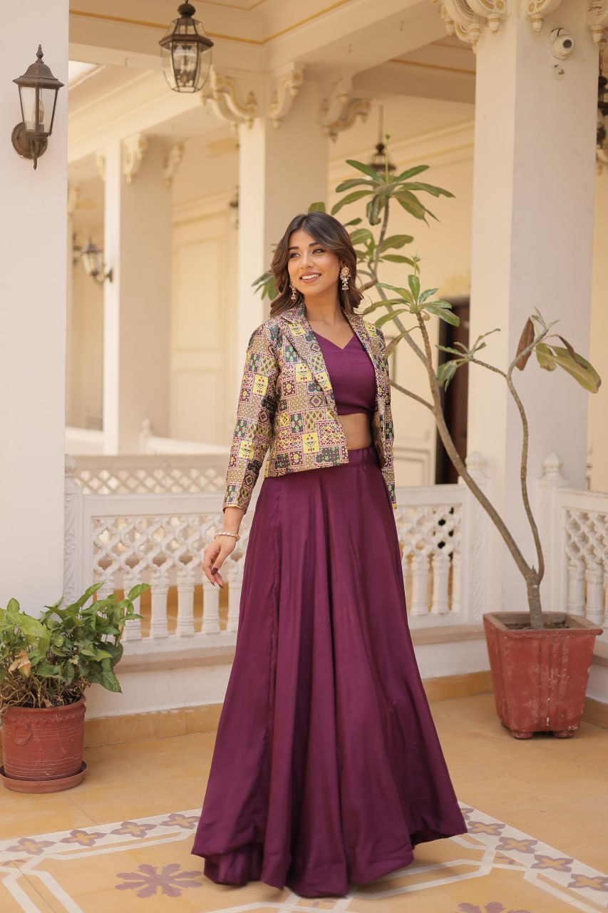 Stylish Chinon Fully Stitched Designer Lehenga Choli Koti Set - INDIAN ELEGANCE