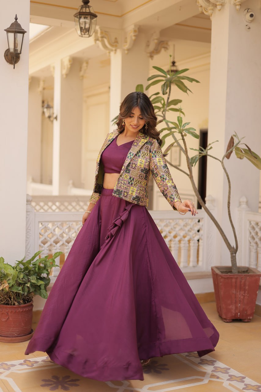 Stylish Chinon Fully Stitched Designer Lehenga Choli Koti Set - INDIAN ELEGANCE