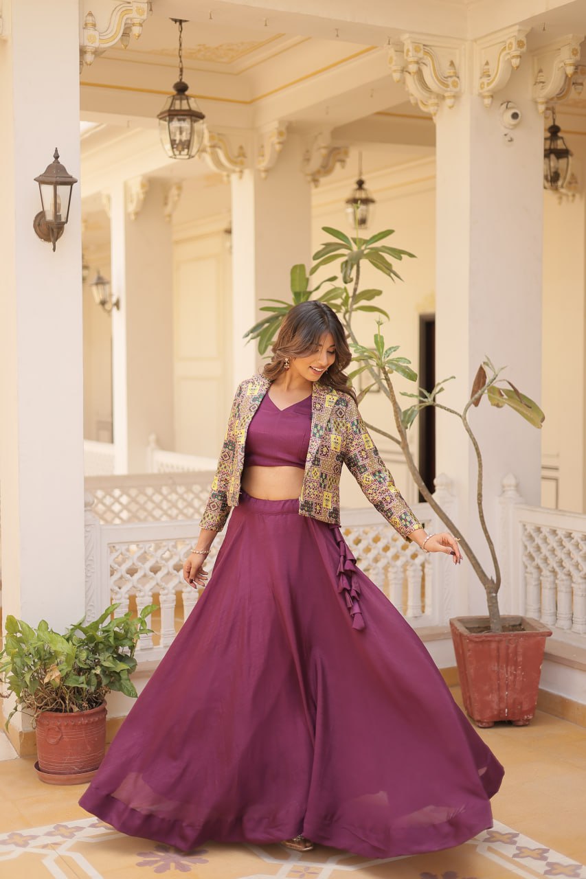 Stylish Chinon Fully Stitched Designer Lehenga Choli Koti Set - INDIAN ELEGANCE