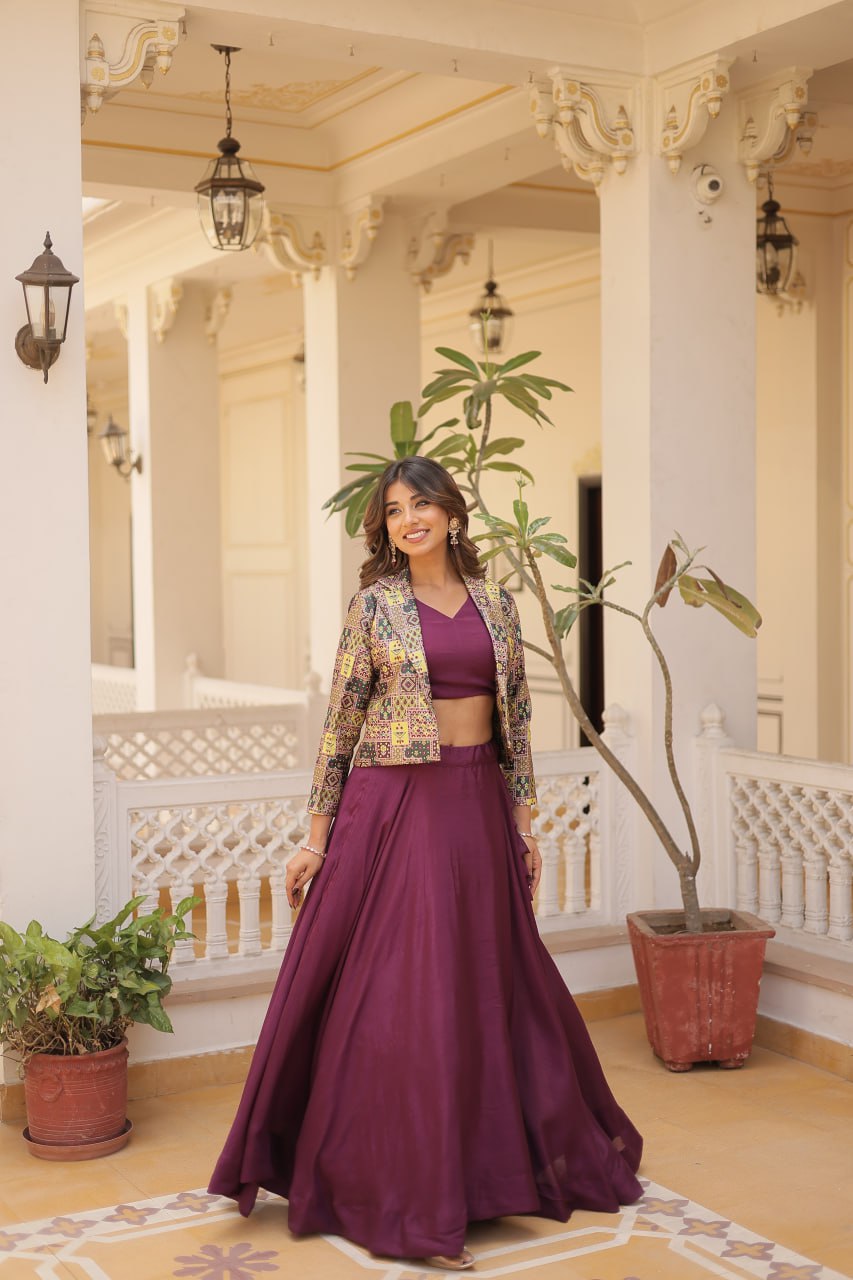 Stylish Chinon Fully Stitched Designer Lehenga Choli Koti Set - INDIAN ELEGANCE