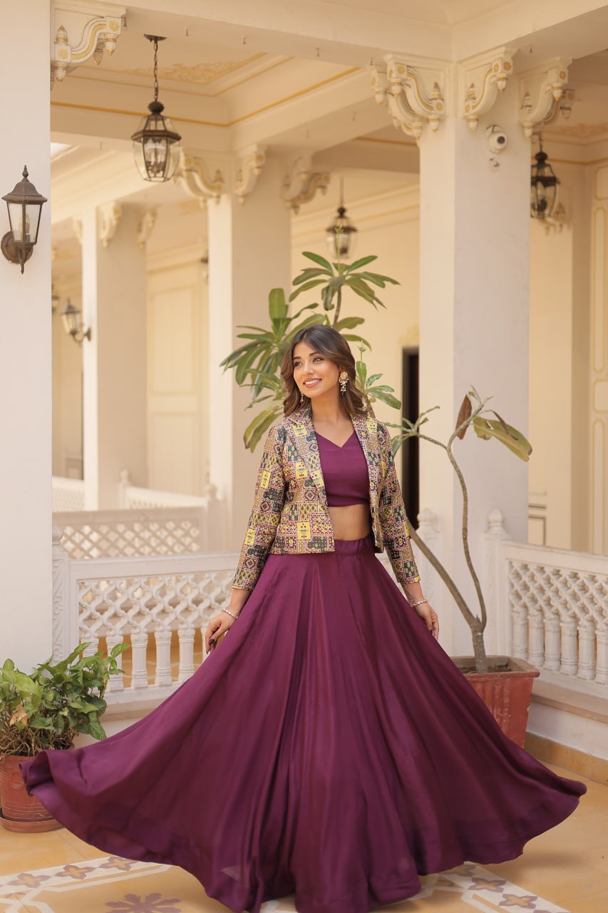 Stylish Chinon Fully Stitched Designer Lehenga Choli Koti Set - INDIAN ELEGANCE