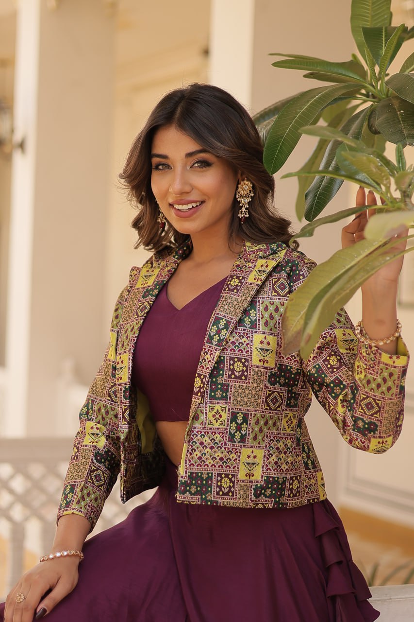Stylish Chinon Fully Stitched Designer Lehenga Choli Koti Set - INDIAN ELEGANCE