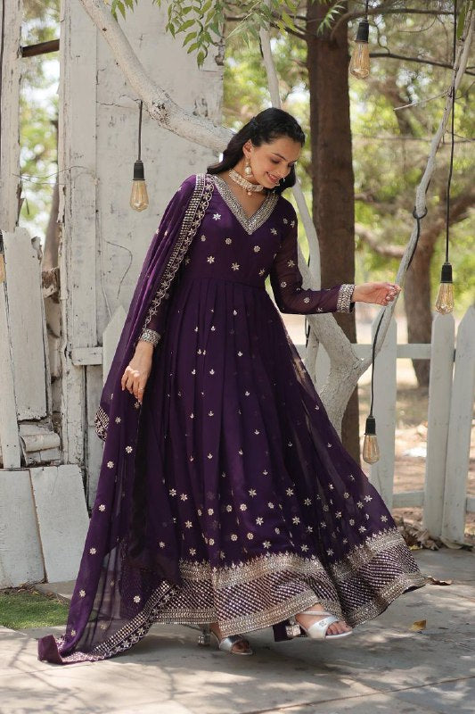 Magnificent Faux Georgette Rich Sequins Worked Designer Gown - INDIAN ELEGANCE