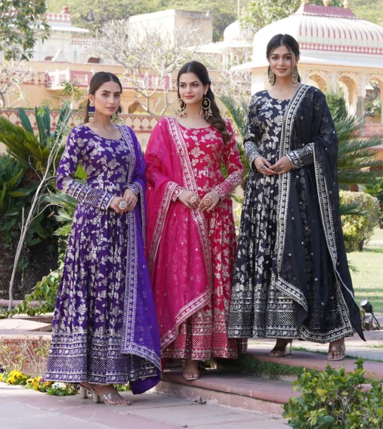 Stunning Viscous Jacquard Sequins Embroidered Designer Gown With Dupatta - INDIAN ELEGANCE
