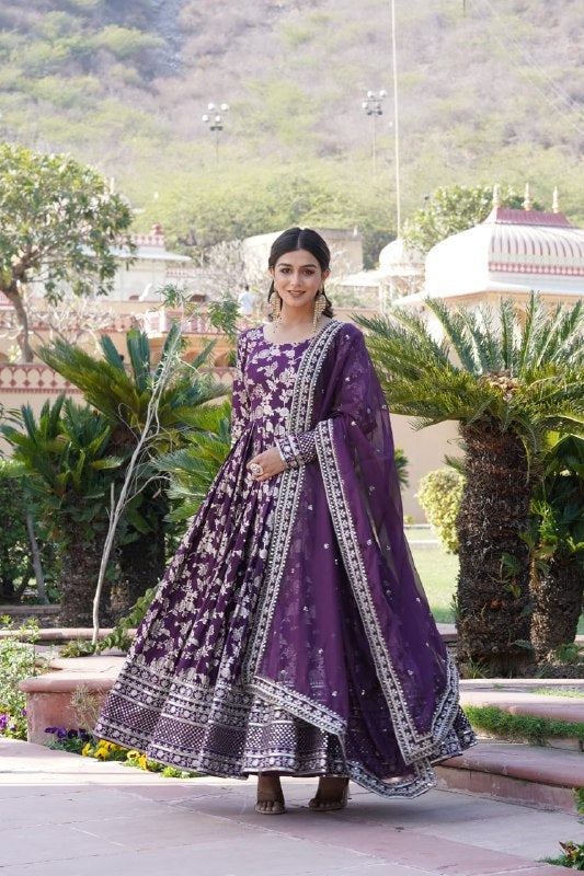 Stunning Viscous Jacquard Sequins Embroidered Designer Gown With Dupatta - INDIAN ELEGANCE