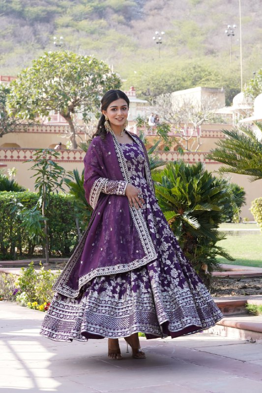 Stunning Viscous Jacquard Sequins Embroidered Designer Gown With Dupatta - INDIAN ELEGANCE