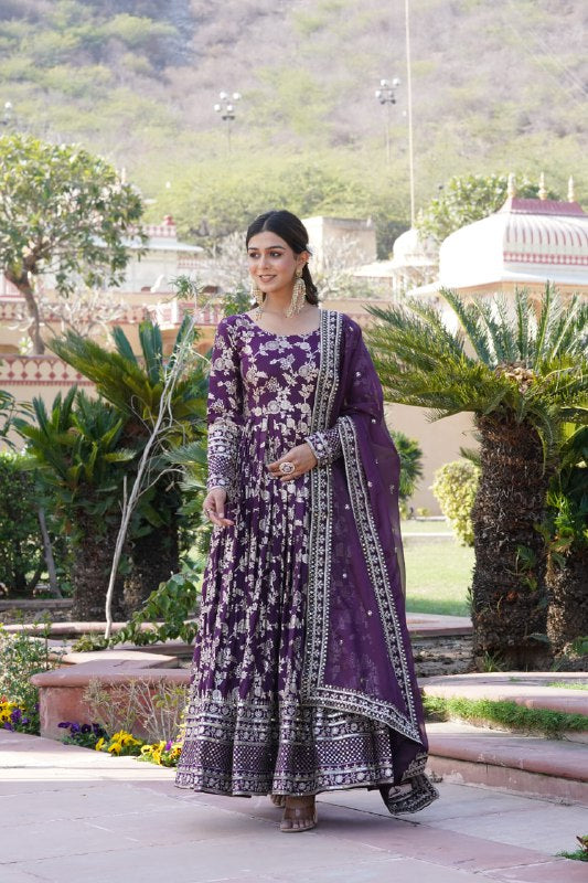 Stunning Viscous Jacquard Sequins Embroidered Designer Gown With Dupatta - INDIAN ELEGANCE