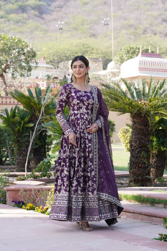 Stunning Viscous Jacquard Sequins Embroidered Designer Gown With Dupatta - INDIAN ELEGANCE