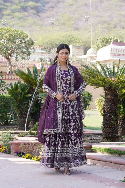 Stunning Viscous Jacquard Sequins Embroidered Designer Gown With Dupatta - INDIAN ELEGANCE