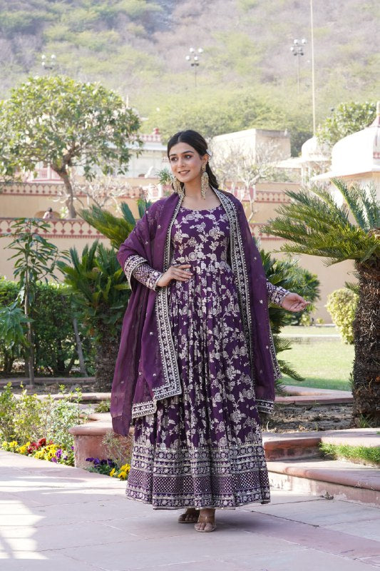 Stunning Viscous Jacquard Sequins Embroidered Designer Gown With Dupatta - INDIAN ELEGANCE