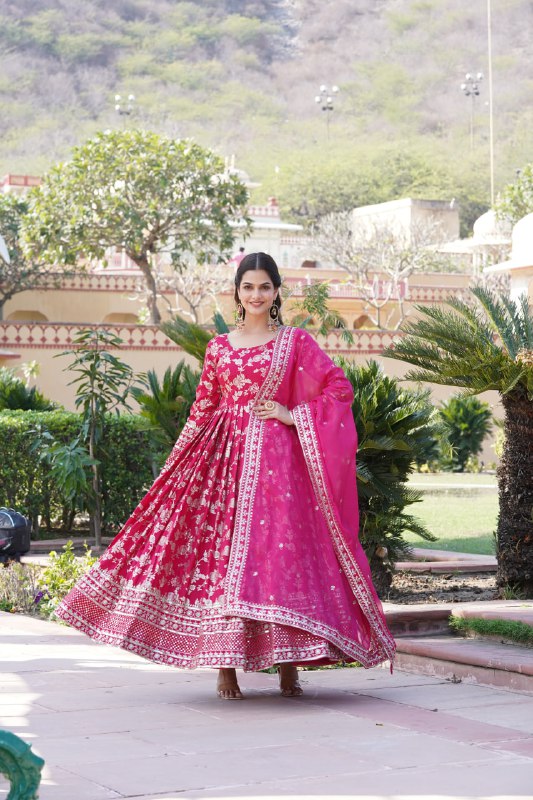 Stunning Viscous Jacquard Sequins Embroidered Designer Gown With Dupatta - INDIAN ELEGANCE