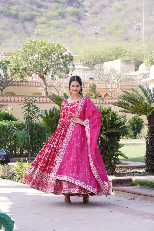 Stunning Viscous Jacquard Sequins Embroidered Designer Gown With Dupatta - INDIAN ELEGANCE
