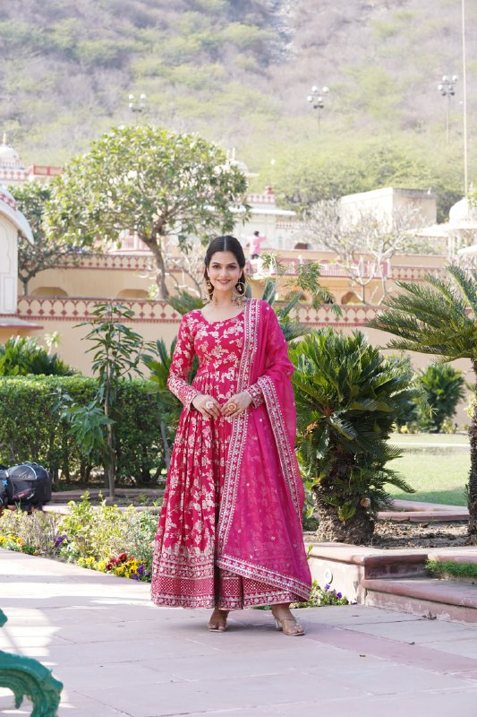 Stunning Viscous Jacquard Sequins Embroidered Designer Gown With Dupatta - INDIAN ELEGANCE