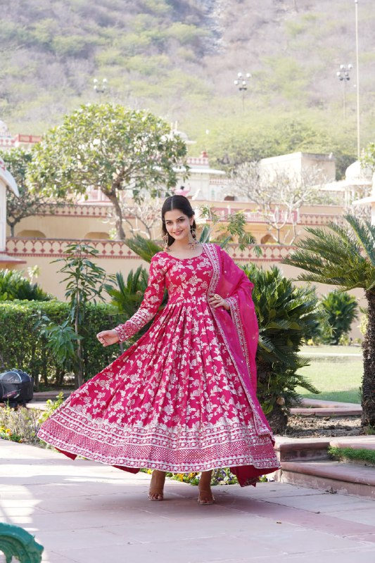 Stunning Viscous Jacquard Sequins Embroidered Designer Gown With Dupatta - INDIAN ELEGANCE