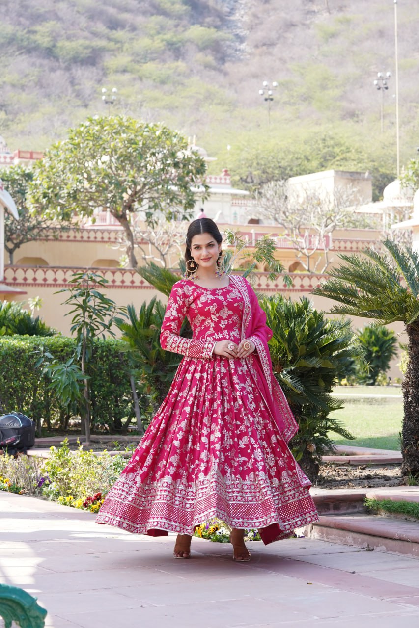 Stunning Viscous Jacquard Sequins Embroidered Designer Gown With Dupatta - INDIAN ELEGANCE