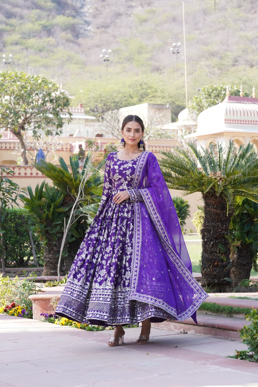 Stunning Viscous Jacquard Sequins Embroidered Designer Gown With Dupatta - INDIAN ELEGANCE