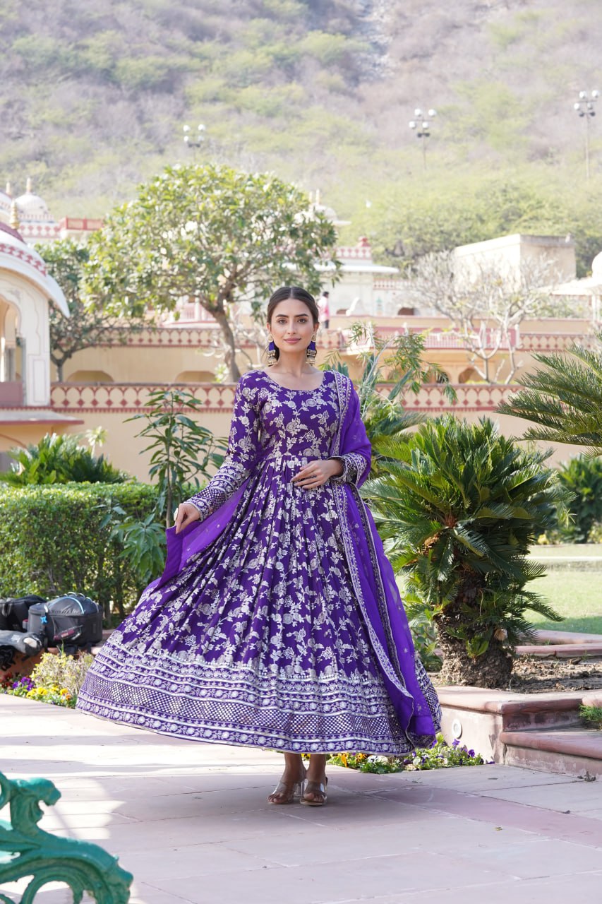 Stunning Viscous Jacquard Sequins Embroidered Designer Gown With Dupatta - INDIAN ELEGANCE