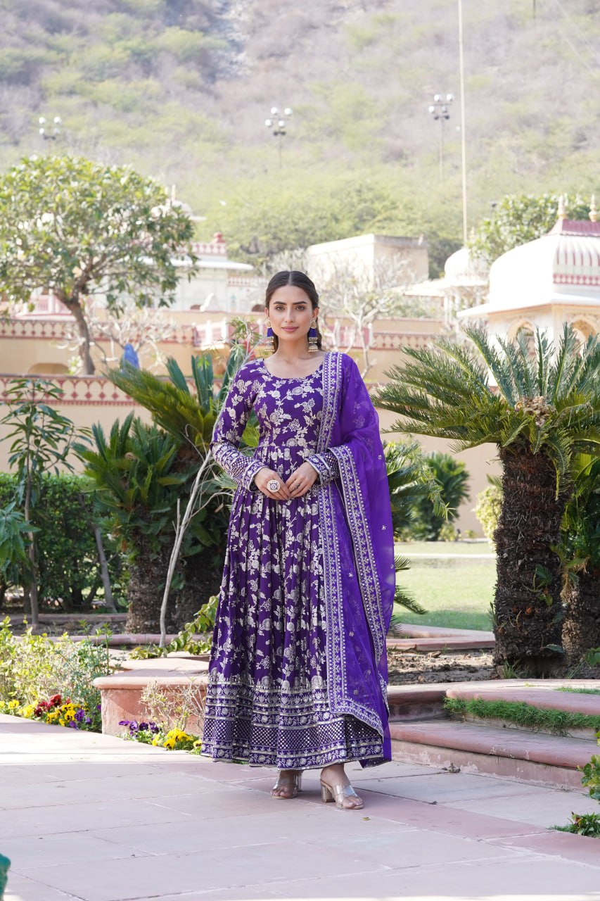 Stunning Viscous Jacquard Sequins Embroidered Designer Gown With Dupatta - INDIAN ELEGANCE