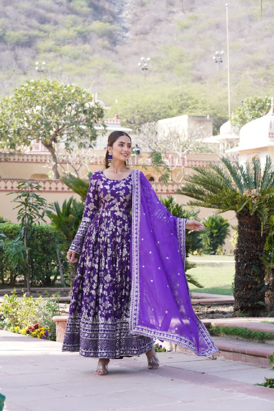 Stunning Viscous Jacquard Sequins Embroidered Designer Gown With Dupatta - INDIAN ELEGANCE
