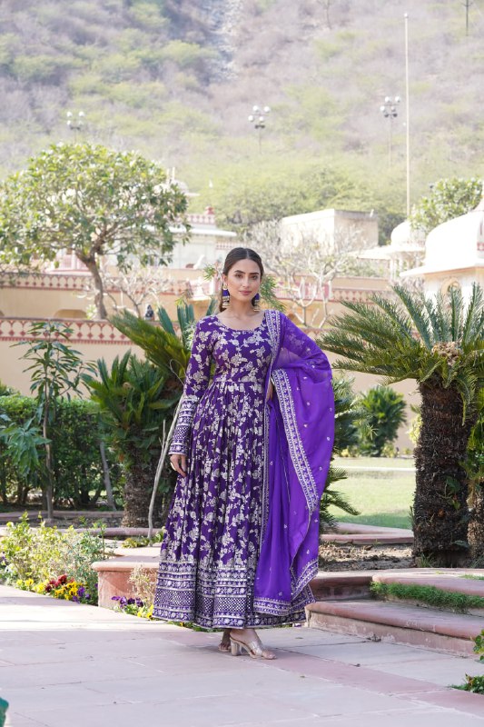 Stunning Viscous Jacquard Sequins Embroidered Designer Gown With Dupatta - INDIAN ELEGANCE