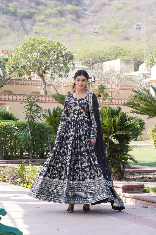 Stunning Viscous Jacquard Sequins Embroidered Designer Gown With Dupatta - INDIAN ELEGANCE
