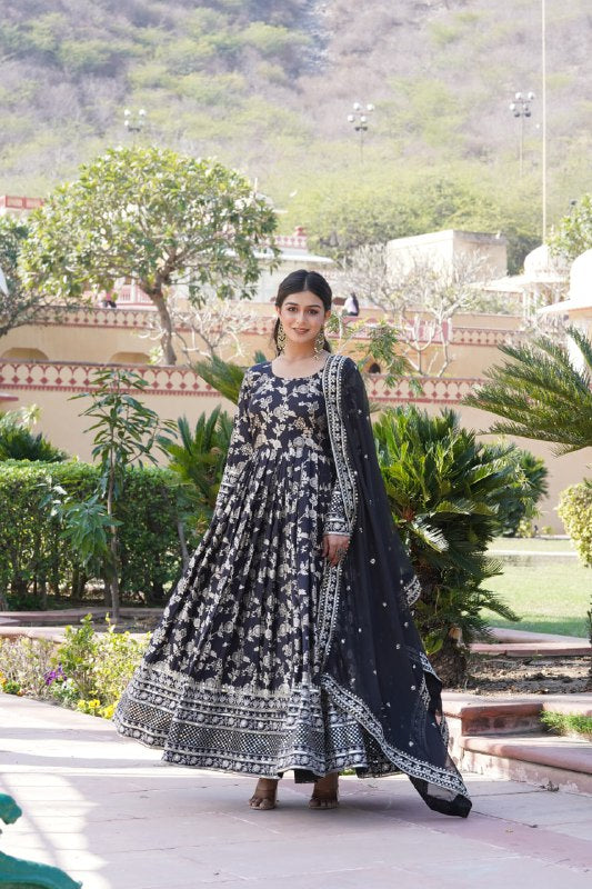 Stunning Viscous Jacquard Sequins Embroidered Designer Gown With Dupatta - INDIAN ELEGANCE