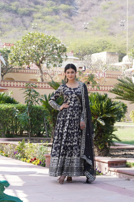 Stunning Viscous Jacquard Sequins Embroidered Designer Gown With Dupatta - INDIAN ELEGANCE