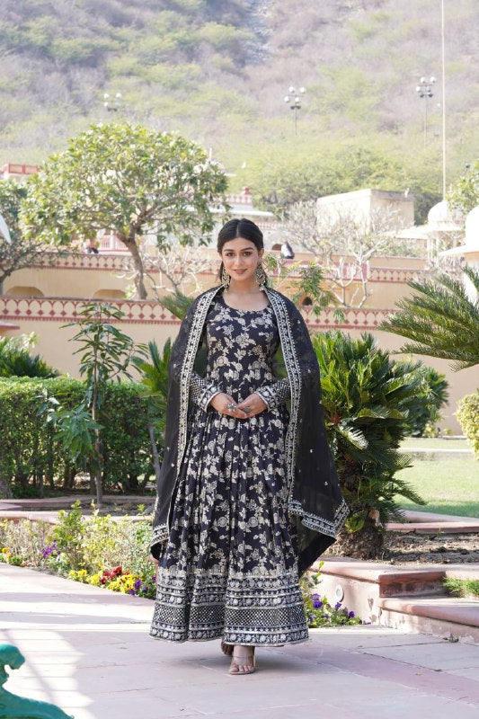 Stunning Viscous Jacquard Sequins Embroidered Designer Gown With Dupatta - INDIAN ELEGANCE